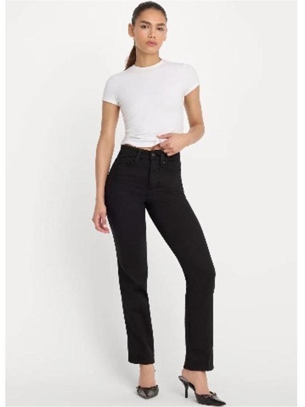 Good American Good Curve Classic High-Rise Straight Leg Jeans Black Raw Hem 8